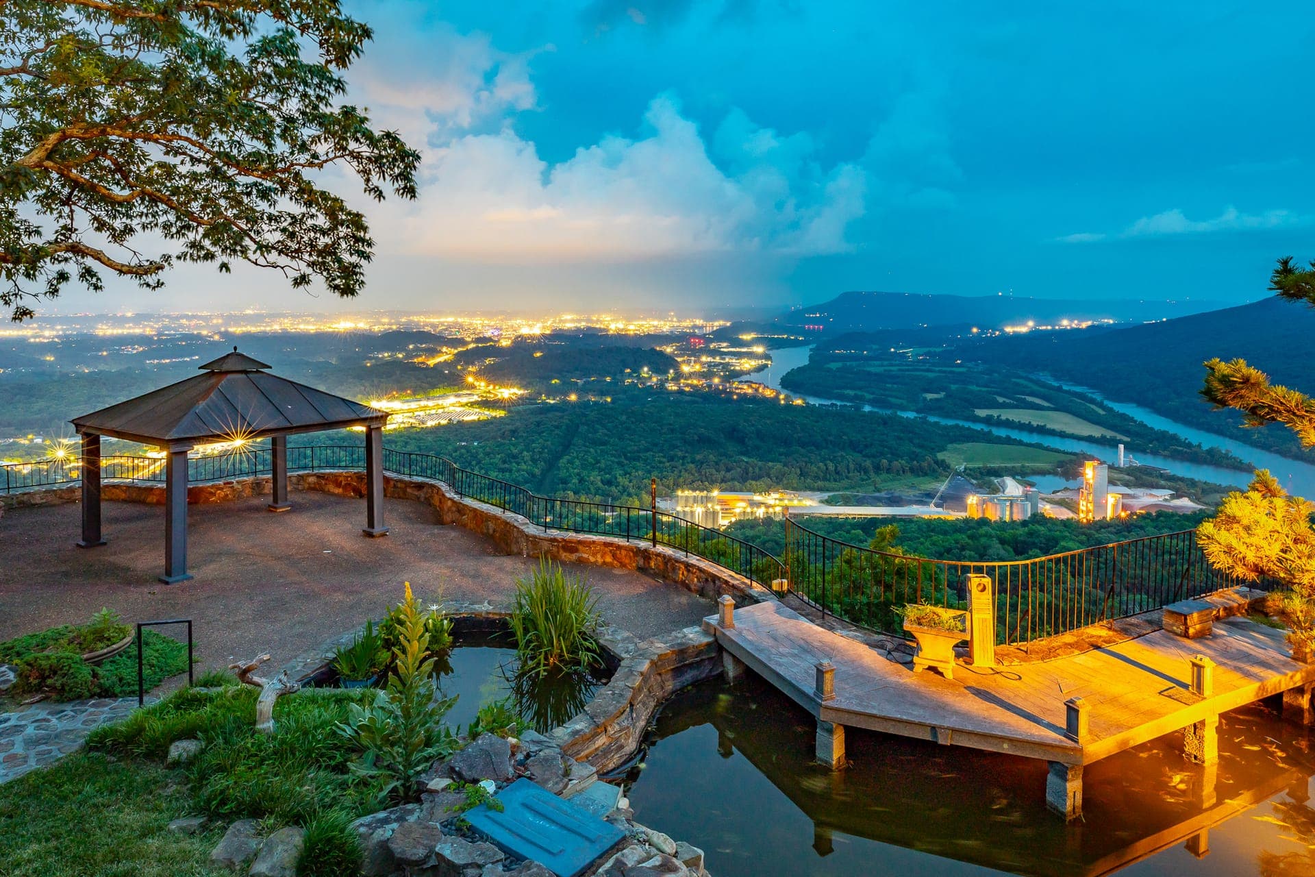 Twilight view over the Tennessee River valley and Chattanooga city lights from a Signal Mountain estate